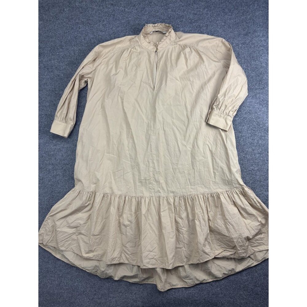 ZARA Dress Womens XS Beige Ruffle Hem Long‎ Sleeve High Neck Cotton Pockets Midi